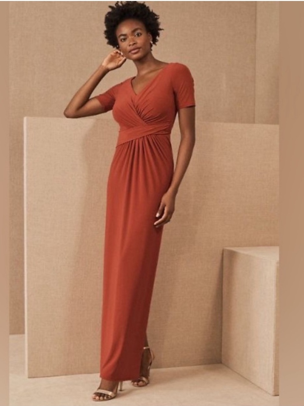 BHLDN Terracotta Ruched Faux Wrap Chelle  Dress US 6 Wedding Guest Bridesmaid